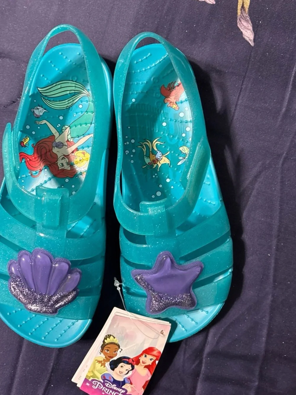 Disney Teal Glitter Jelly Sandals with Purple Shell & Starfish Accents